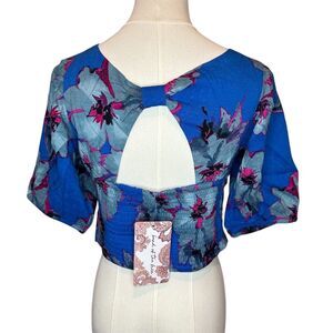 Band of the Free Women's M Blue Floral Crop Top Square Neck Bow Accent